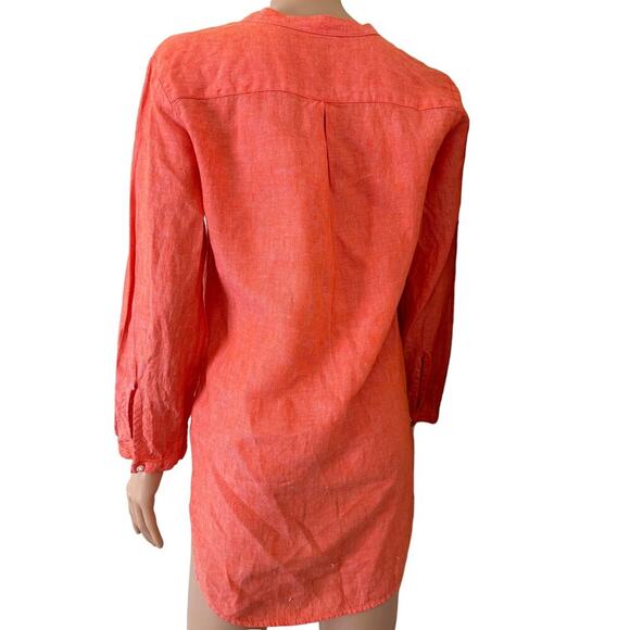 L.L. Bean Linen Tunic Top Orange Split V Neck Long Sleeve Hi Low 100% Linen XS - Picture 3 of 9